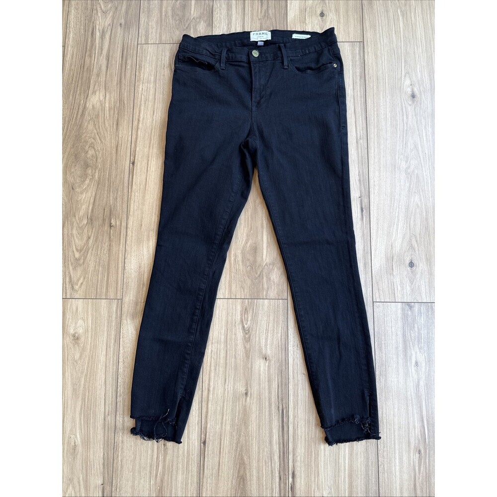Frame Denim Women’s Le Skinny de Jeanne Jeans Size 32 Black Distressed Mid Rise
